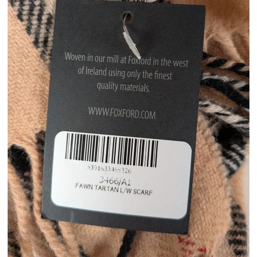 NEW Foxford Lambswool Scarf Camel Tarten Check Fringe 12x71